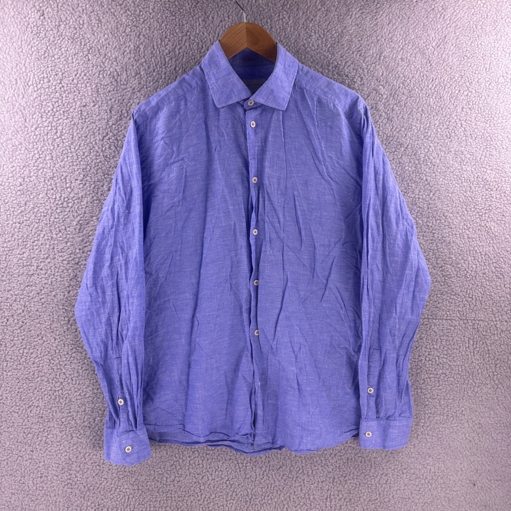 Jack Victor Mens 2XL Blue Linen Cotton Blend Button Up Shirt Made in Italy